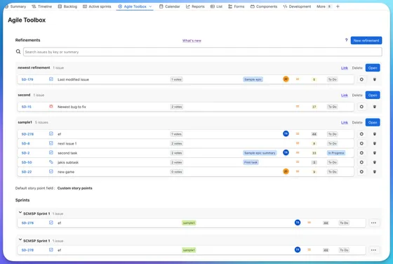 The Refinements view in Jira with named refinements, live vote counts and the sprints below