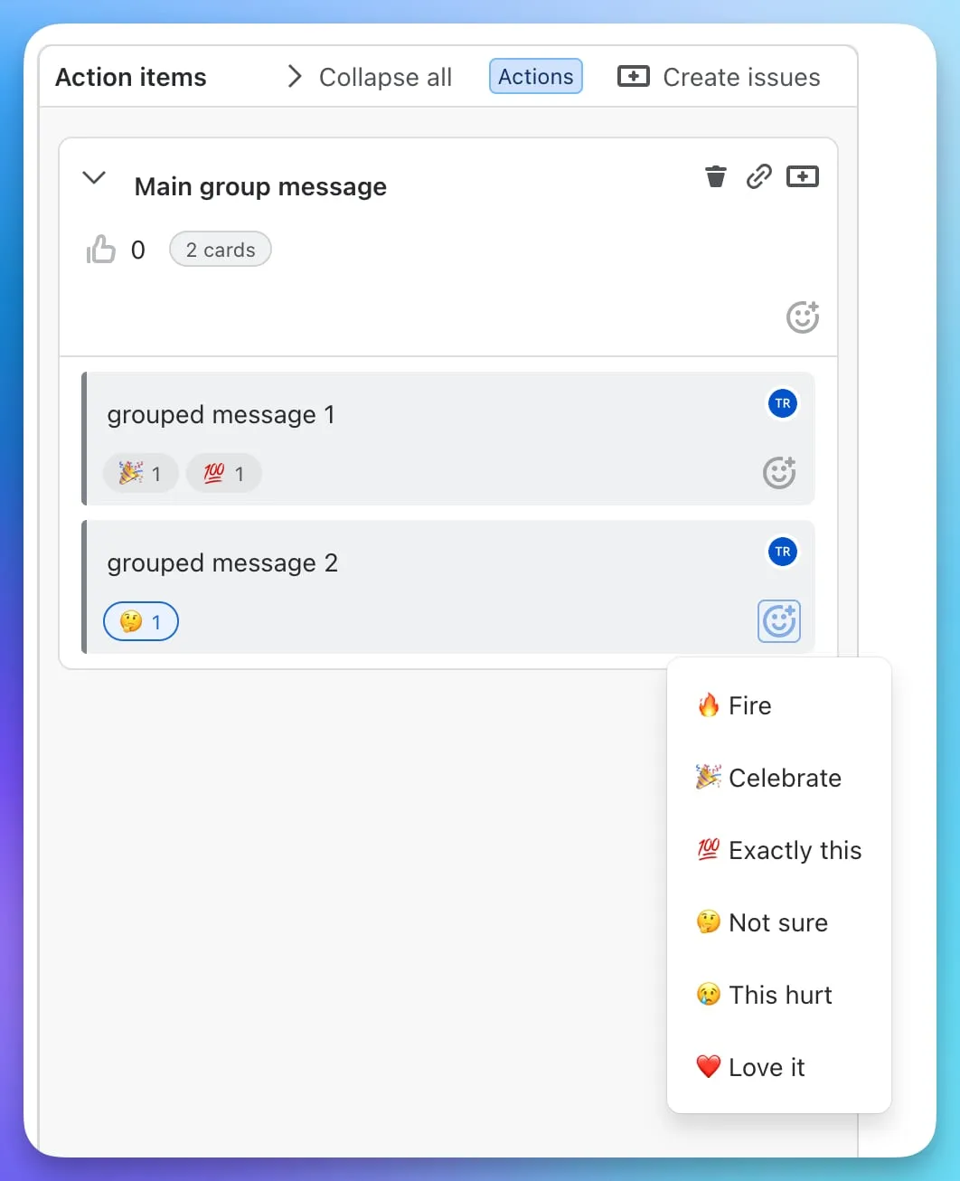 The emoji picker open on a card in the action column